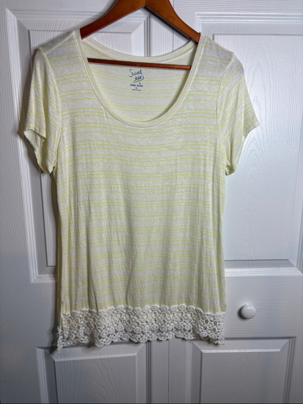 Pink Rose Pale Yellow Striped Scoop Neck Top with Lace Trim